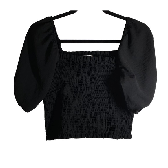 Leith Smocked Puff Sleeves Stretchy Short Sleeve Crop Top Black Size Large - Picture 3 of 9
